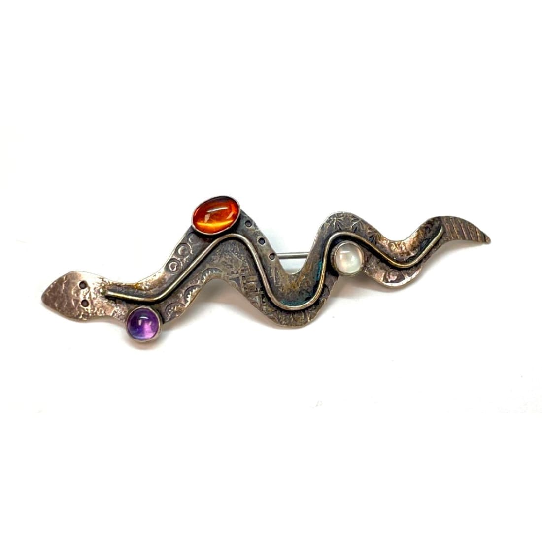 Vintage Southwestern Sterling Silver Multi-Stone Snake Brooch
