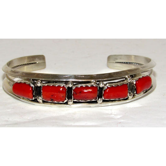 Navajo Mediterranean Coral Stacker Cuff Bracelet Sterling Silver 7 1/2" Wrist