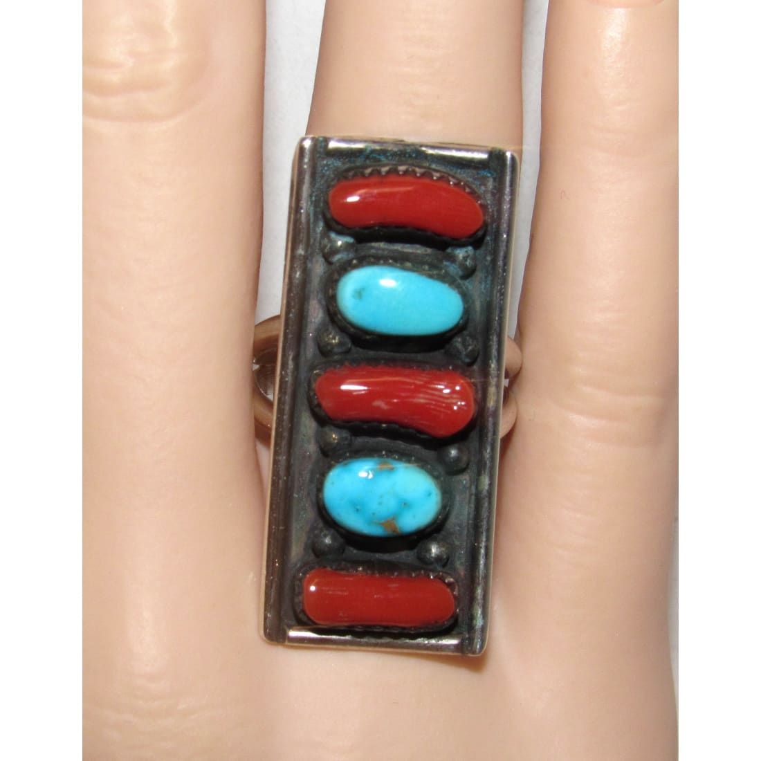 Navajo Coral Turquoise Cluster Statement Ring Sz 7.5 Sterling Silver Signed