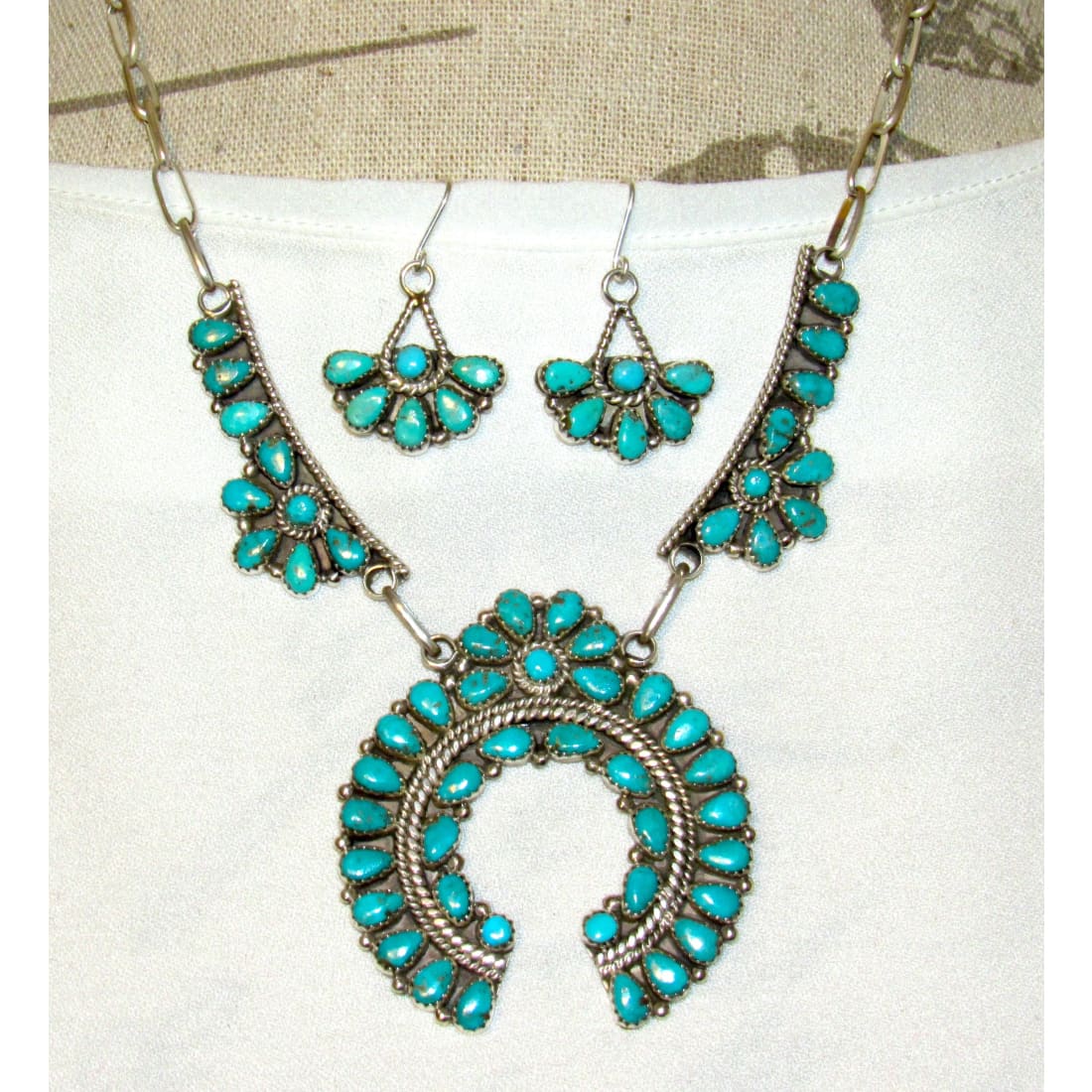 Navajo Turquoise Cluster Naja Squash Blossom Necklace & Earrings Set Sterling Nez