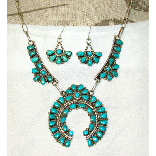 Navajo Turquoise Cluster Naja Squash Blossom Necklace & Earrings Set Sterling Nez