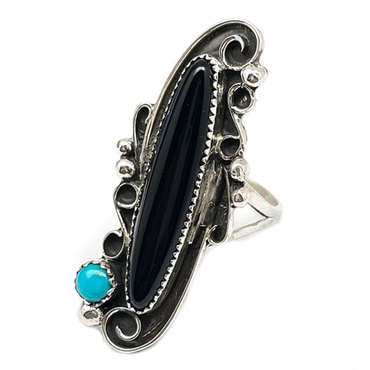 Navajo onyx turquoise sterling silver ring with intricate design by S. Yazzie, size 8, featuring black onyx and turquoise stone.