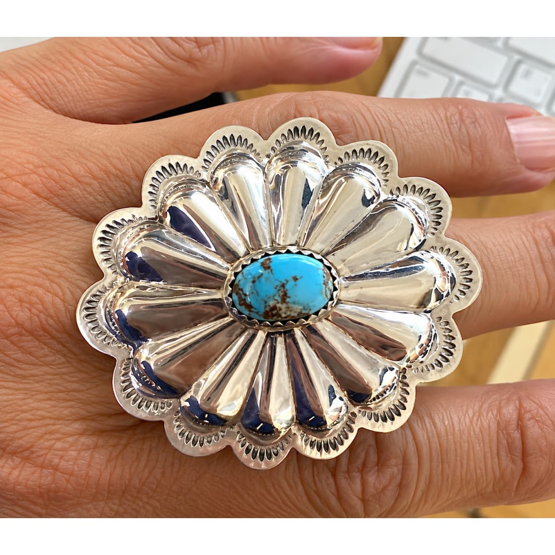 Navajo Concho Ring Sz 7 Sterling Silver Golden Hills Turquoise D Martinez