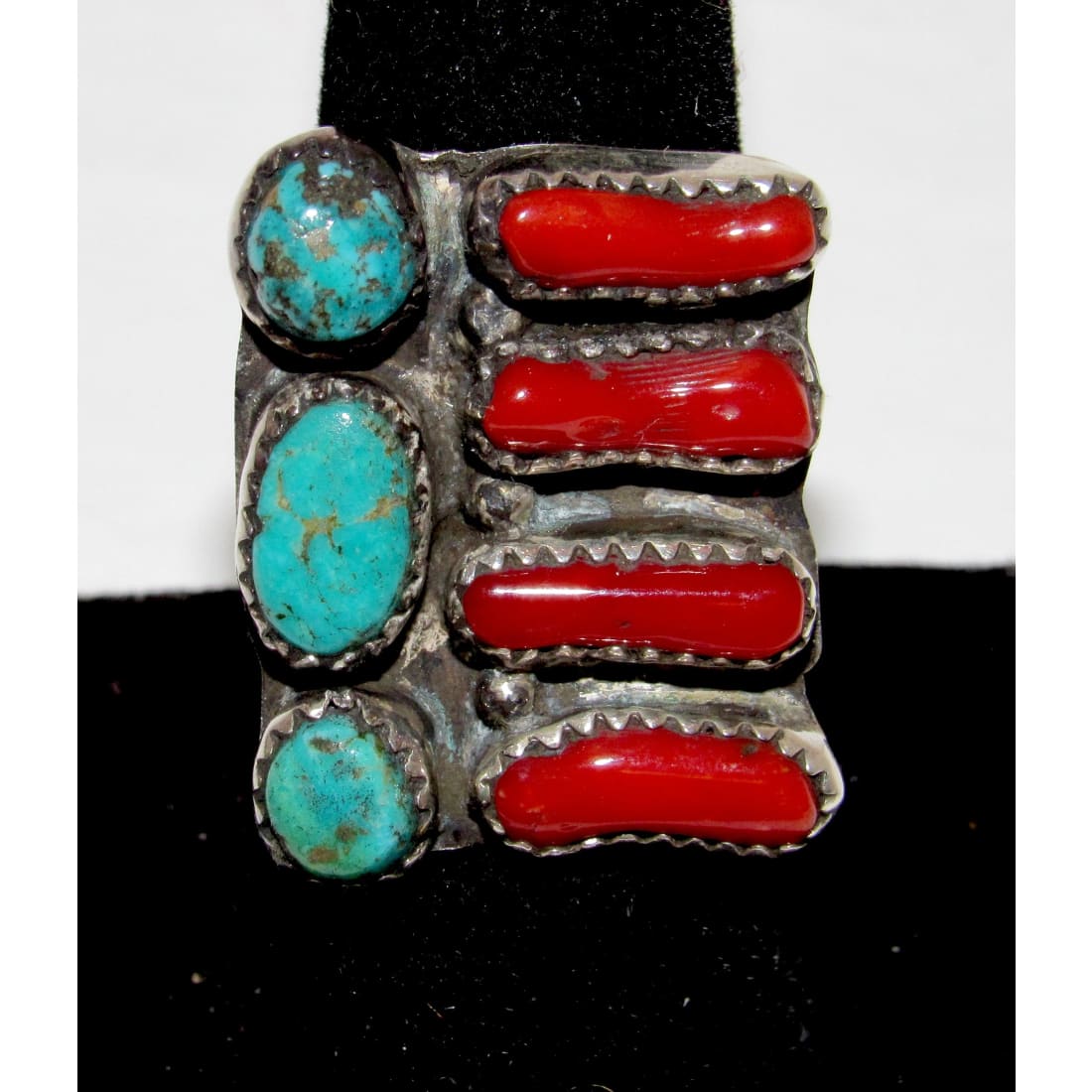 Navajo Coral Turquoise Cluster Statement Ring Sz 8 Sterling Silver Signed