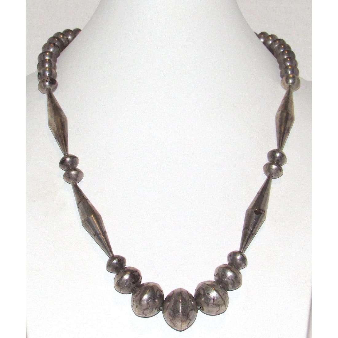 Old Pawn Handmade Navajo Pearls Necklace Stamped Saucer & Cones Beads Sterling