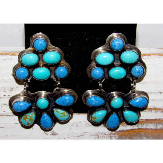 Vintage Rocki Gorman Navajo Kee Cook Sterling Silver Turquoise Lapis Cluster Earrings