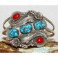 Old Pawn Navajo Turquoise Coral Sterling Silver Blossom Statement Cuff Bracelet