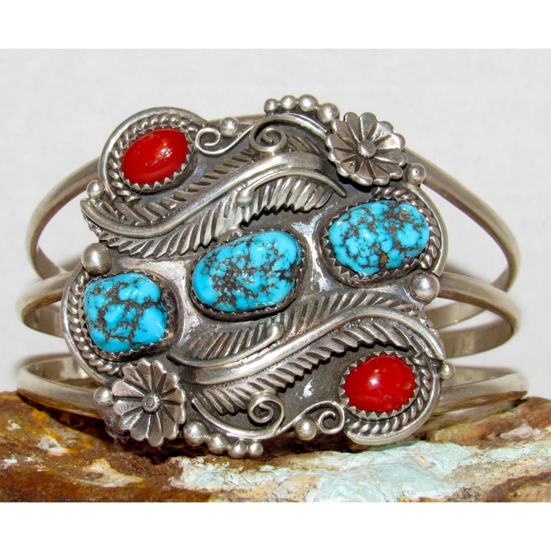 Old Pawn Navajo Turquoise Coral Sterling Silver Blossom Statement Cuff Bracelet