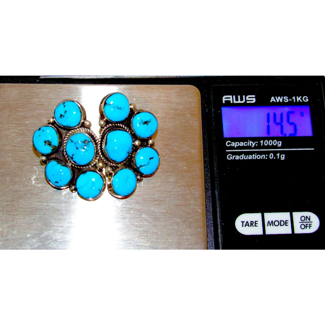 Navajo Kingman Turquoise Half Cluster Post Earrings Sterling Silver J. Yazzie