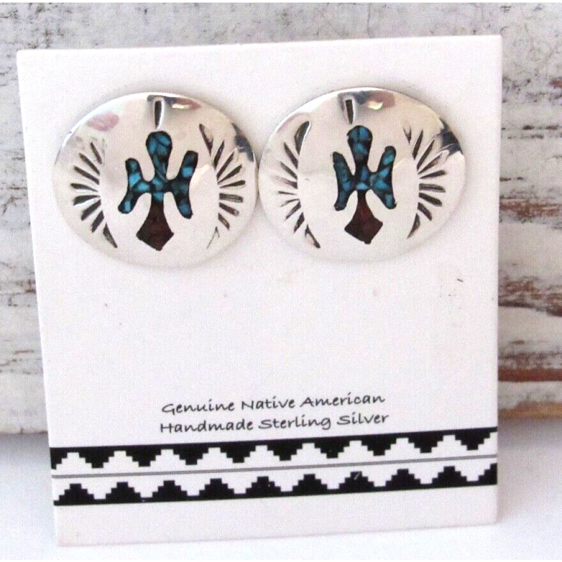 Navajo Earrings Peyote Bird Design Turquoise Coral Inlay J.Yazzie