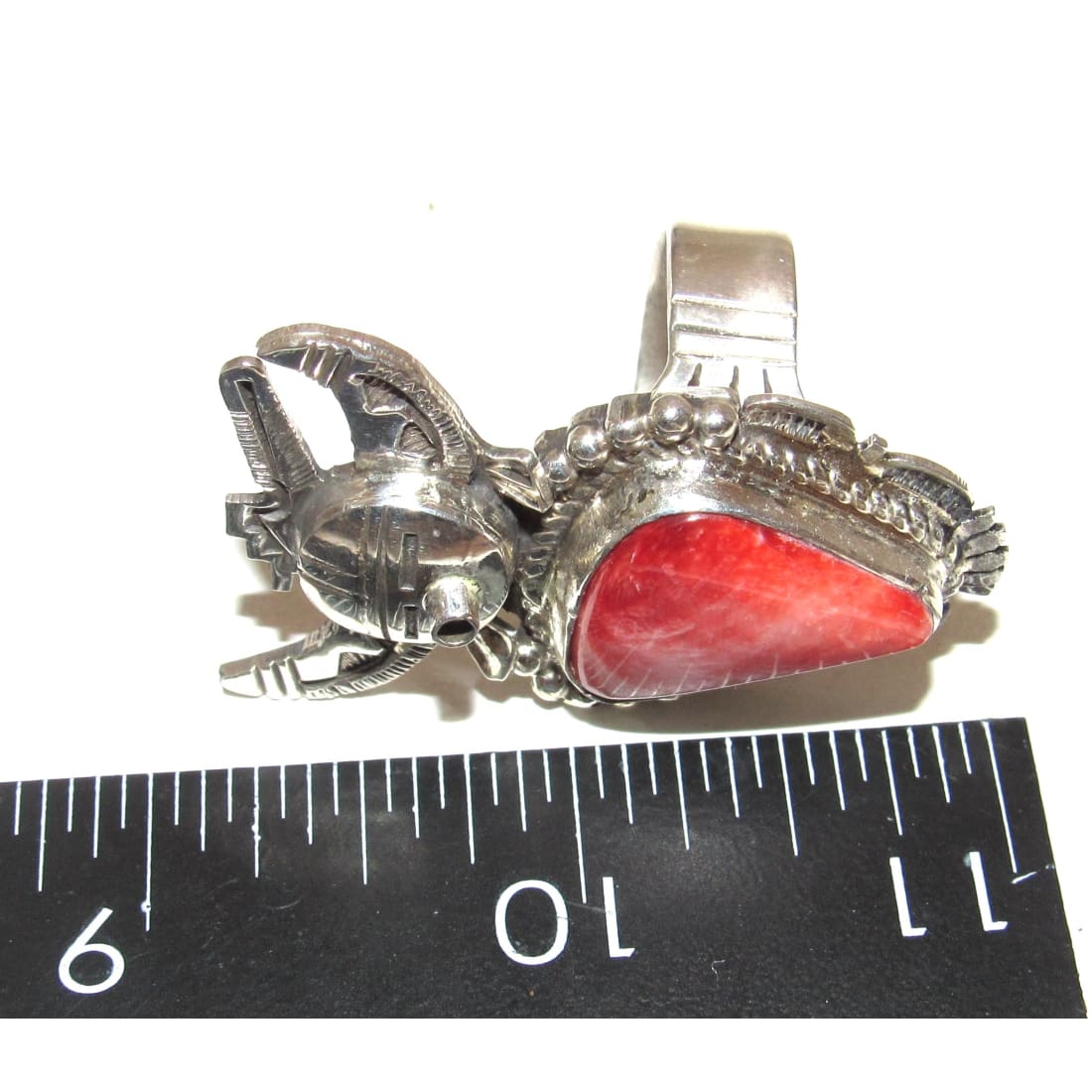 Large Navajo Kachina Ring Sz 11 Bennie Ration Red Orange Spiny Sterling
