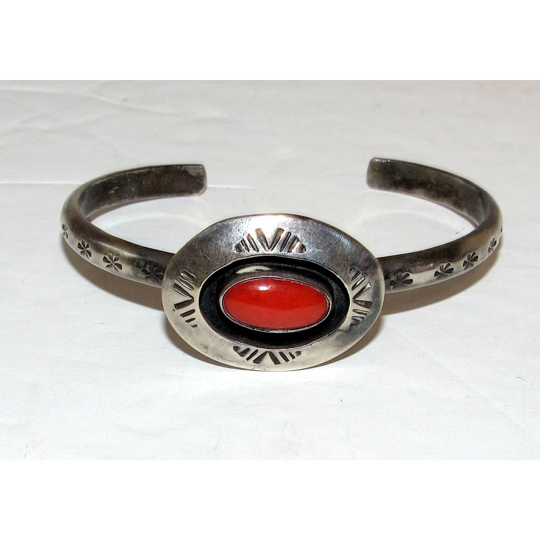 Old Pawn Navajo Coral Stacker Cuff Bracelet Sterling Silver