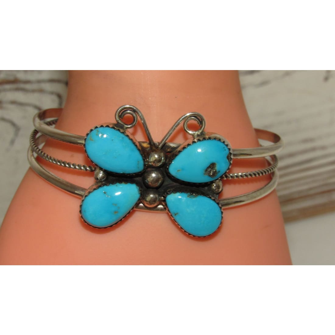Navajo Kingman Turquoise Butterfly Cuff Bracelet Sterling Silver Signed