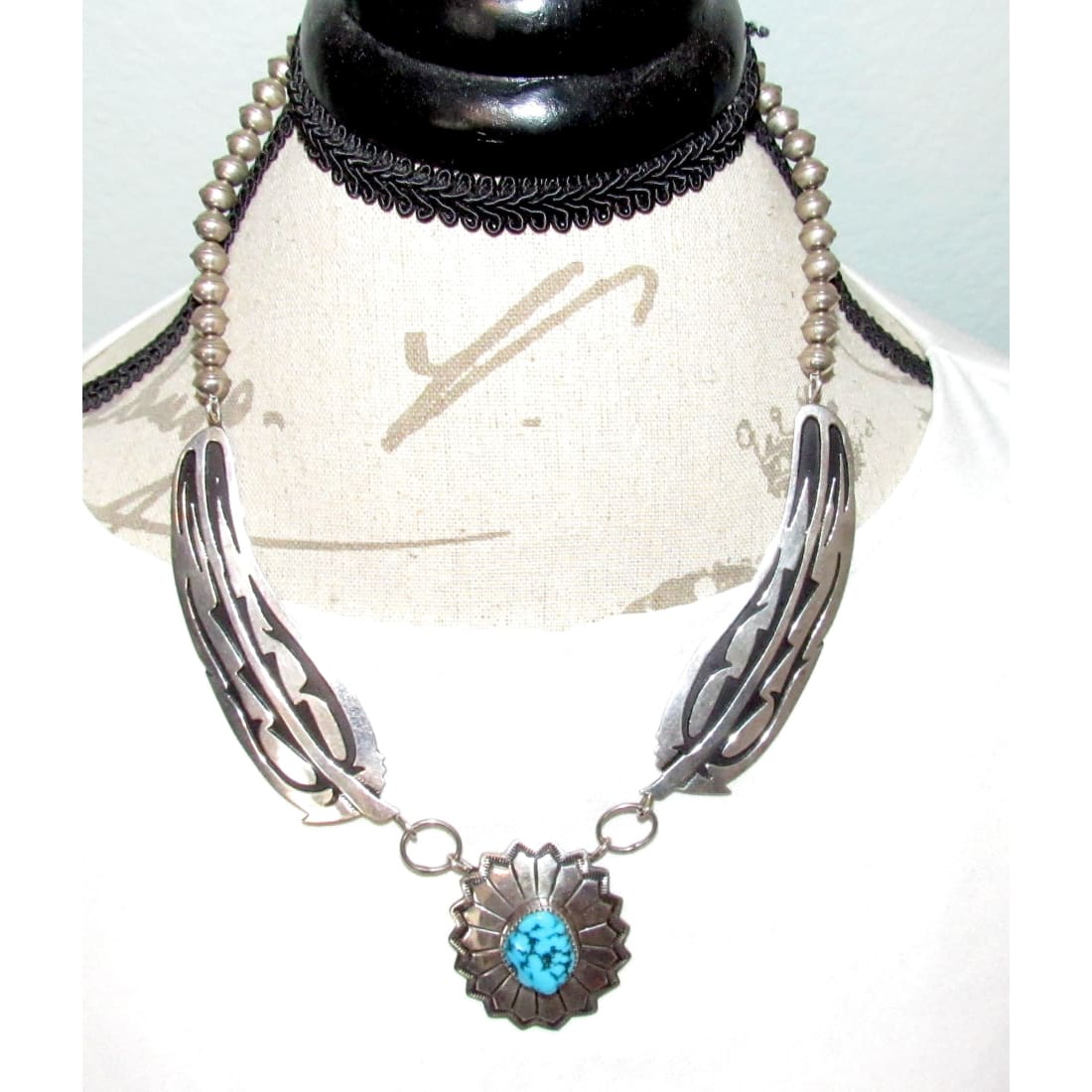 Vintage Navajo Sterling Silver Kingman Turquoise Necklace Navajo Pearls M. Begay