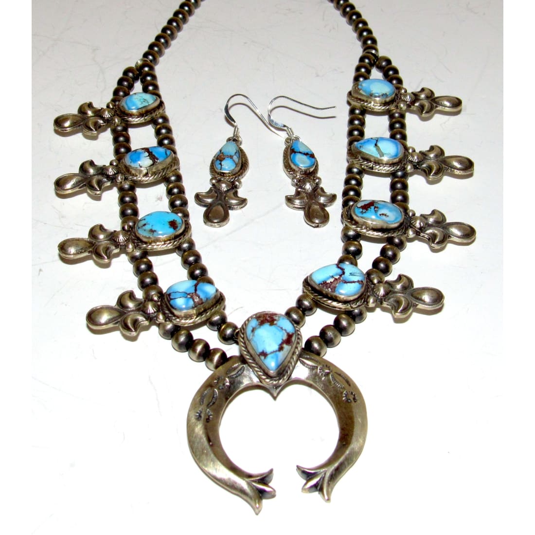 Navajo Golden Hills Turquoise Sterling Squash Blossom Necklace & Earrings Set