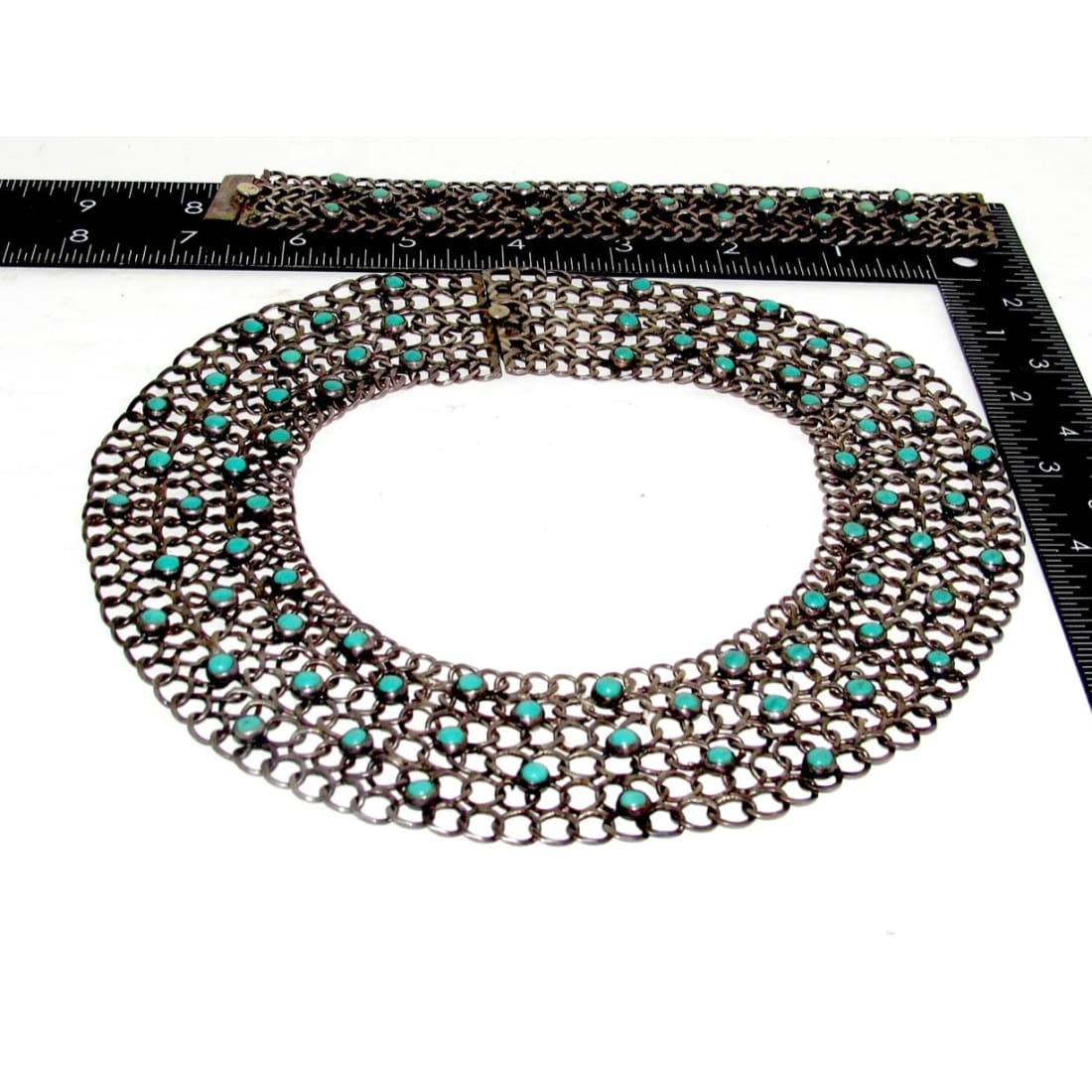 Rare Vintage Mexico 925 Sterling Silver & Turquoise Chainmail Set - Necklace & Bracelet