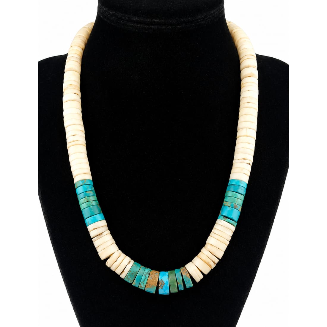 Vintage Kewa Santo Domingo Rolled Clam Shell & Turquoise Heishi Necklace