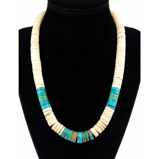 Vintage Kewa Santo Domingo Rolled Clam Shell & Turquoise Heishi Necklace