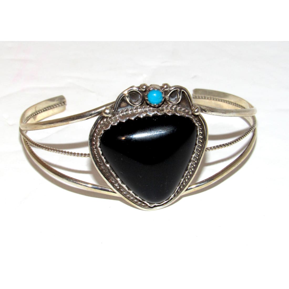 Navajo Cuff Bracelet Onyx Turquoise Sterling Silver Native American S. Yazzie
