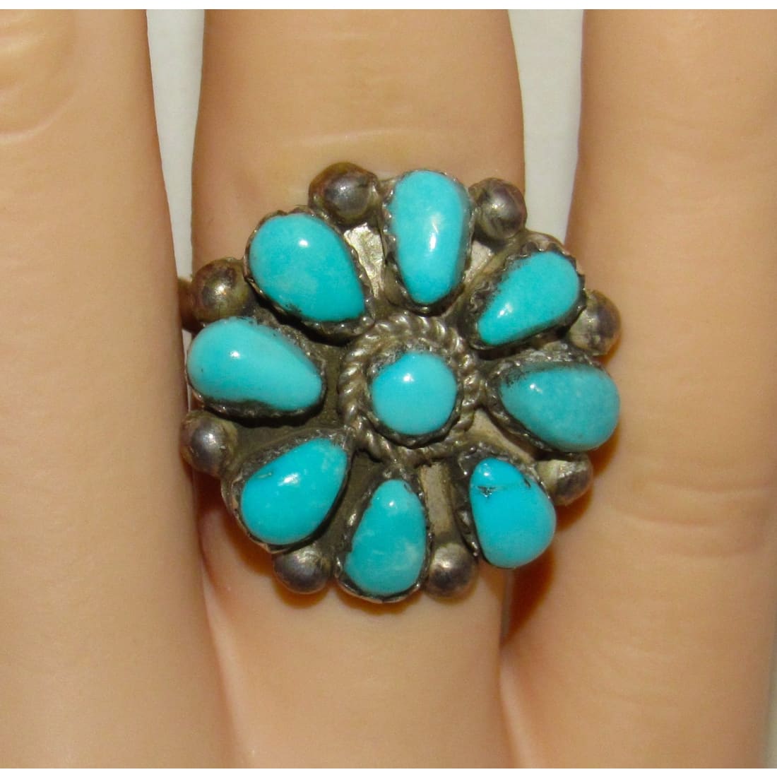 Navajo Blue Royston Turquoise Cluster Ring Sz 7 Sterling Silver M. Apachito