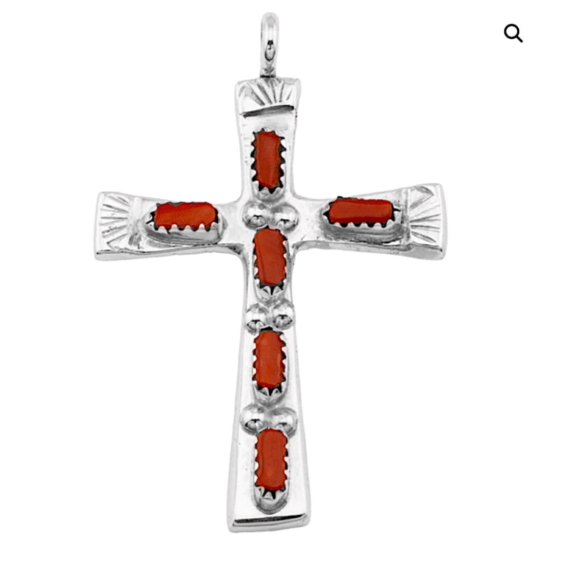 Zuni coral cross pendant crafted in sterling silver featuring hand-etched turquoise and traditional design details.