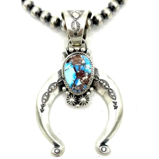 Navajo Golden Hills Turquoise Naja Necklace Squash Blossom Sterling Signed