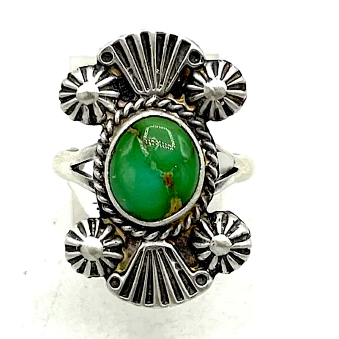 Navajo Royston turquoise ring size 7 in sterling silver with traditional design and unique stone, perfect for any jewelry collection.