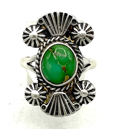 Navajo Royston turquoise ring size 7 in sterling silver with traditional design and unique stone, perfect for any jewelry collection.
