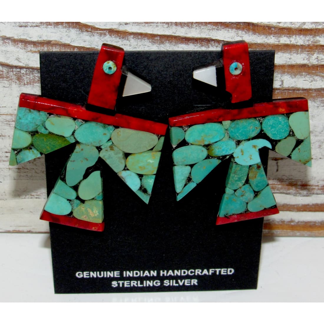 Kewa Santo Domingo Thunderbird Earrings Turquoise Coral D. Crespin