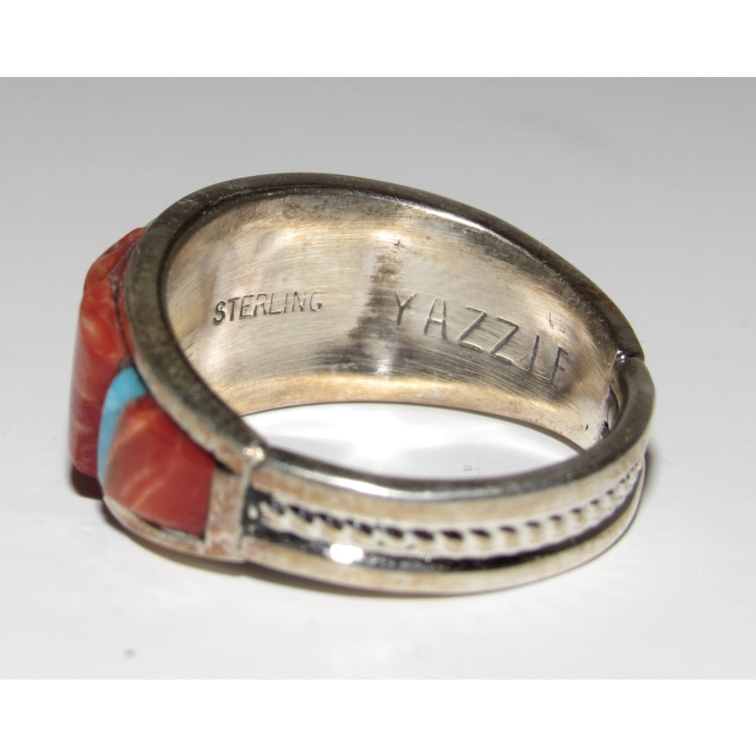 Navajo Red & Orange Spiny Cobble Inlay Ring Sz 7.5 Sterling Silver E. Yazzie