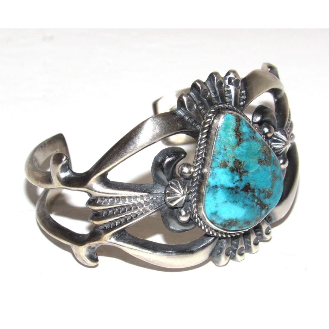 Navajo Royston Turquoise Cuff Bracelet Sand Cast Sterling Silver H.Bitsue