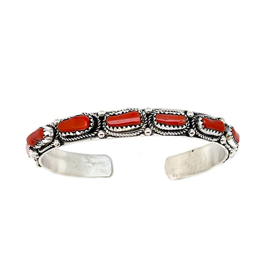Navajo Mediterranean Coral Stacker Cuff Bracelet Sterling Silver Signed Native