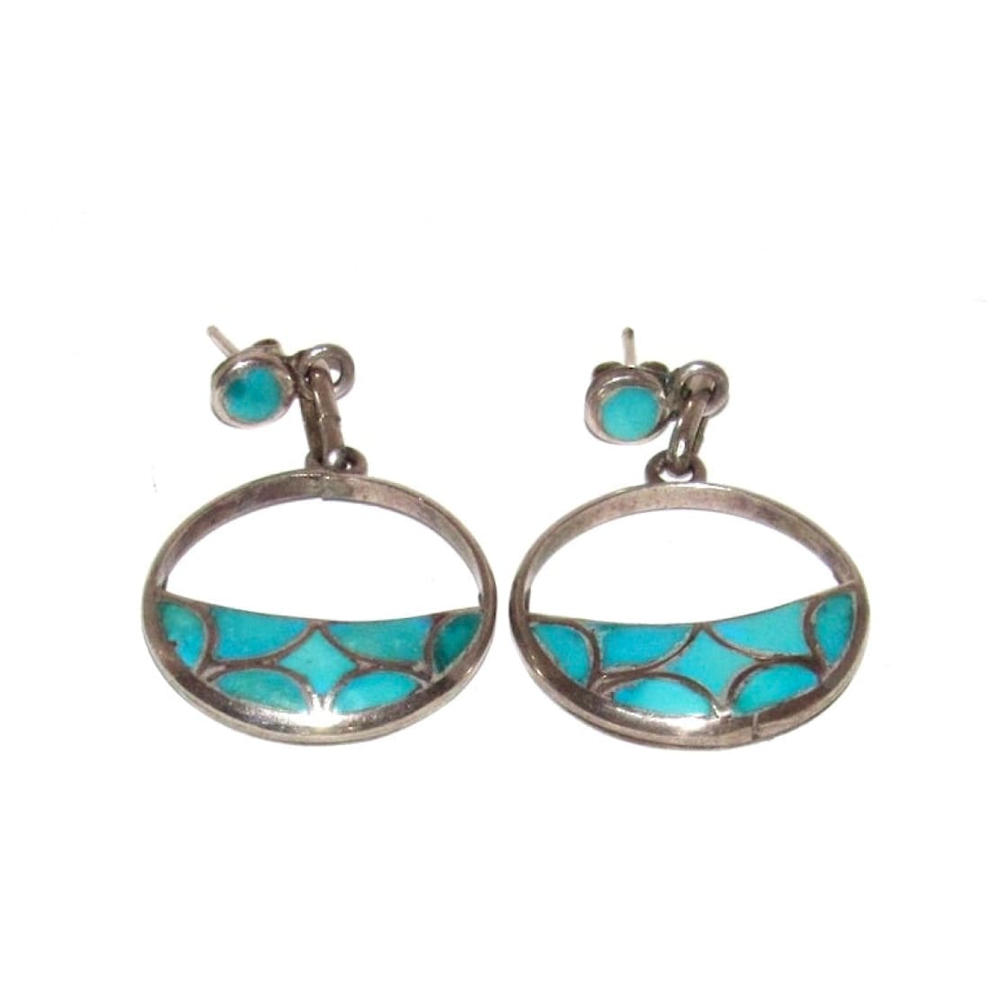Old Pawn Zuni Turquoise Fish Scale Inlay Dangle Earrings Sterling Silver