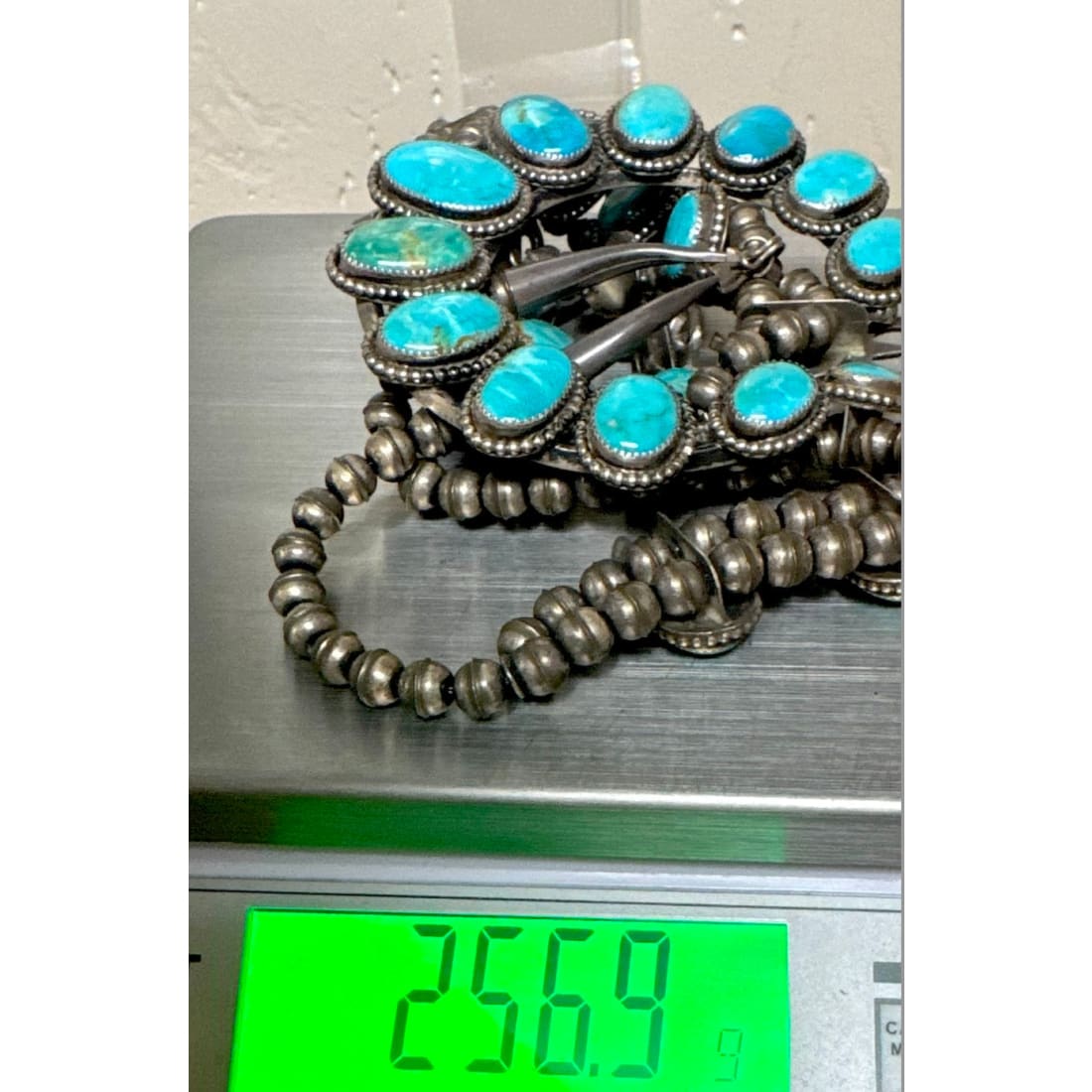 Vintage Navajo Squash Blossom Necklace Royston Turquoise Sterling Silver 256G R Willie