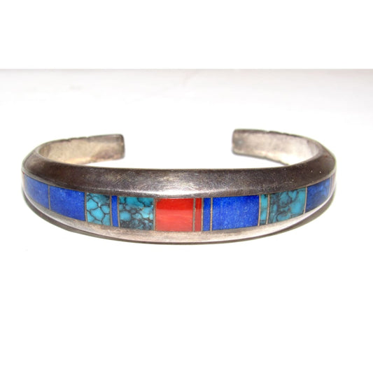 Navajo Sterling Silver Carinated Bracelet Coral Lapis & Turquoise by Ray Tracey