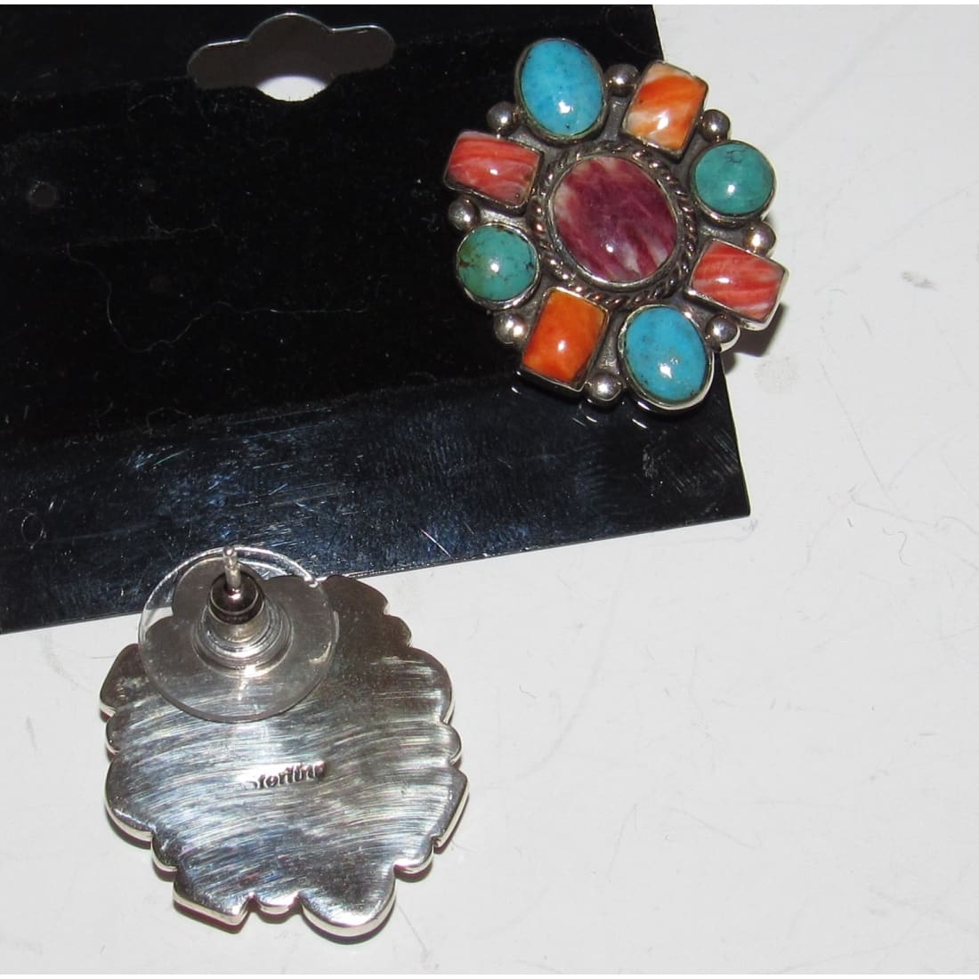 Vintage Navajo Turquoise Purple Orange Spiny Cluster Earrings Sterling Silver