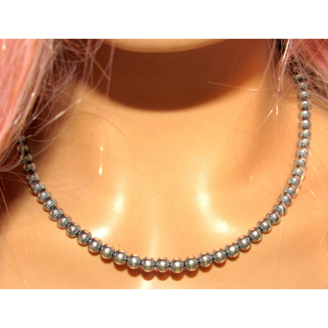 6mm Navajo Pearls Necklace Sterling Silver Stamped Beads Choker Necklace 18"L
