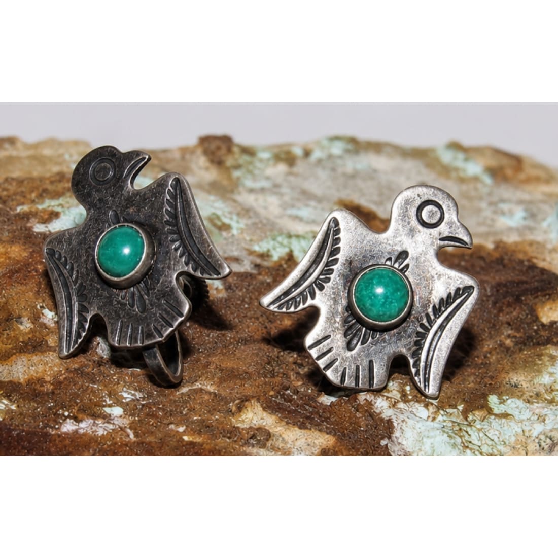 Old Pawn Navajo Thunderbird Scewback Earrings Sterling Silver Turquoise