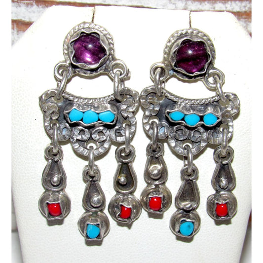 Vintage Taxco Mexico Sterling Silver Turquoise Coral Amethyst Accents Dangle Earrings