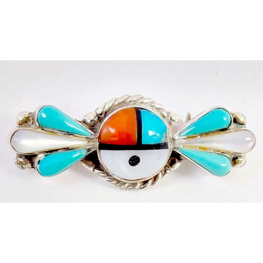 Vintage Zuni Inlay Sun Face Pin Brooch Pin Necklace Sterling Silver