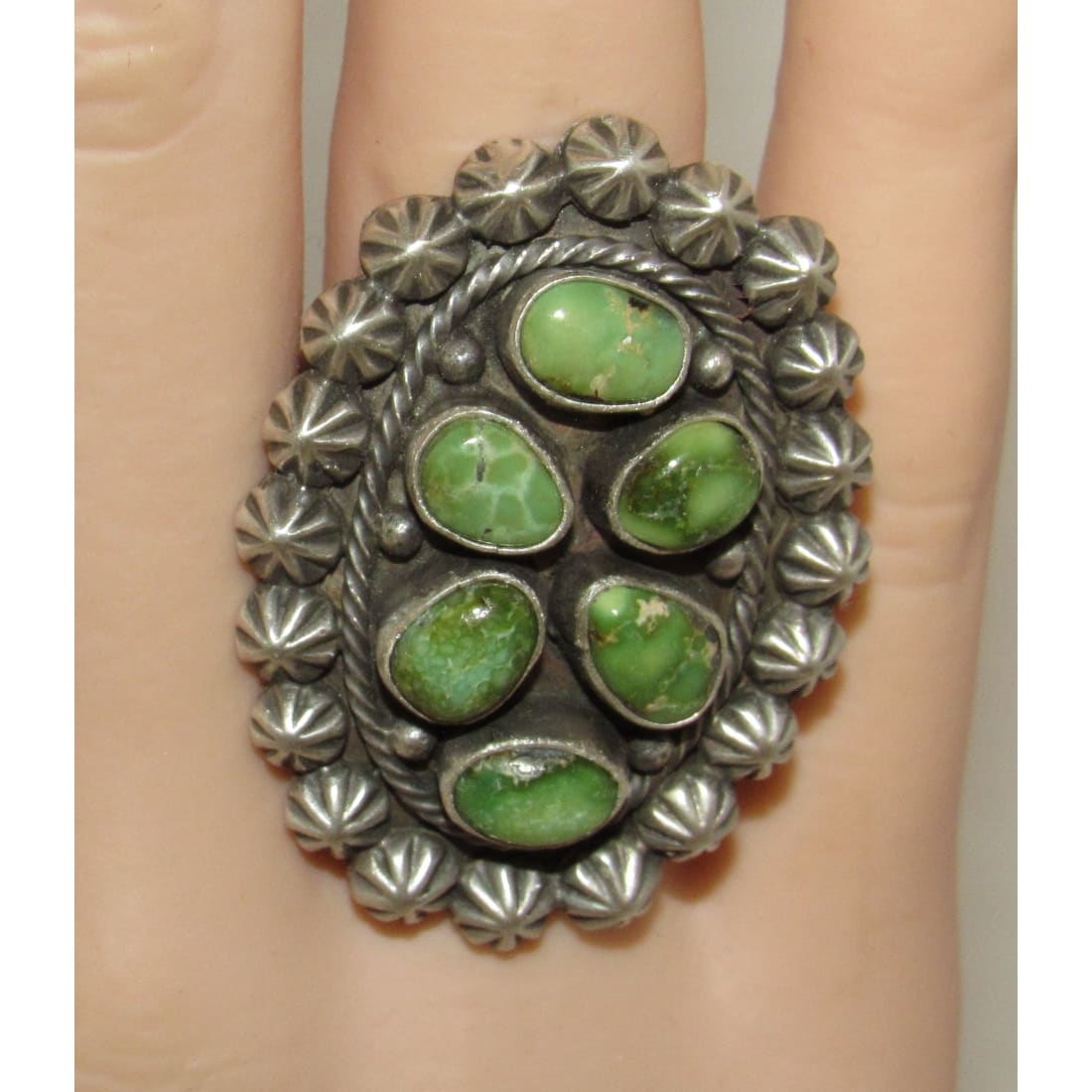 Navajo Sonoran Gold Turquoise Cluster Ring Sz 8 Sterling Silver