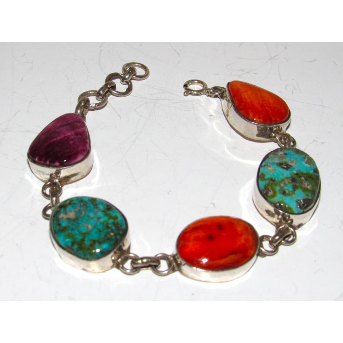 Navajo Turquoise Orange Purple Spiny Adjustable Link Bracelet Sterling J. Yazzie