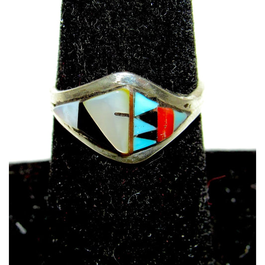 Zuni Coral Turquoise Inlay Band Ring Size 6 Sterling Silver