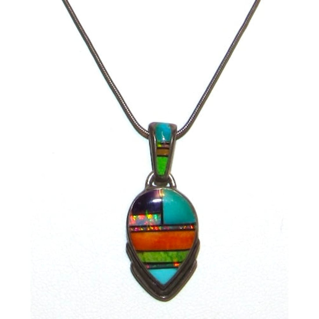 Vintage Navajo Turquoise Spiny Channel Inlay Pendant Sterling Silver Necklace Signed