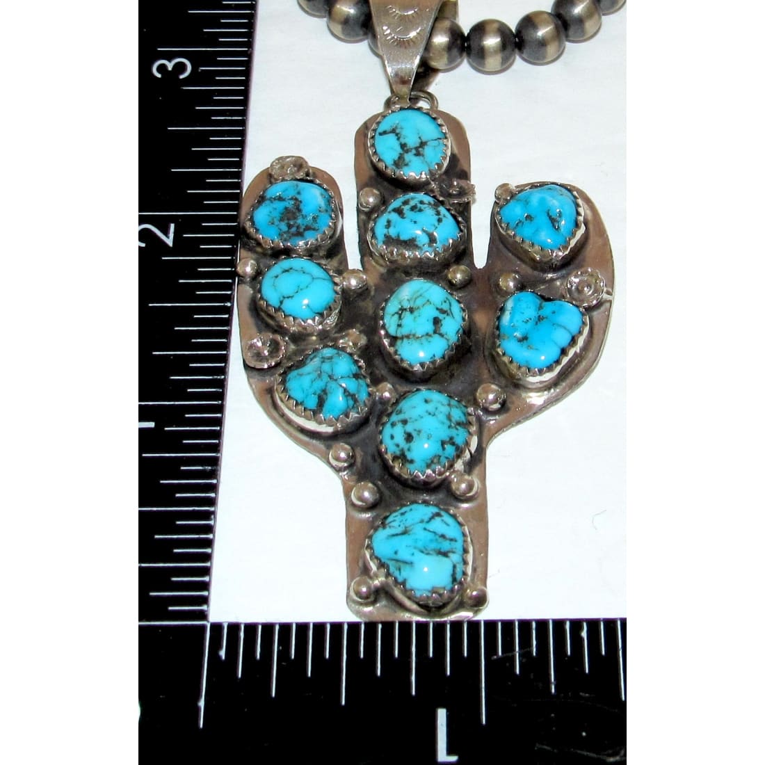 Navajo Kingman Turquoise Cactus Pendant Sterling Navajo Pearls