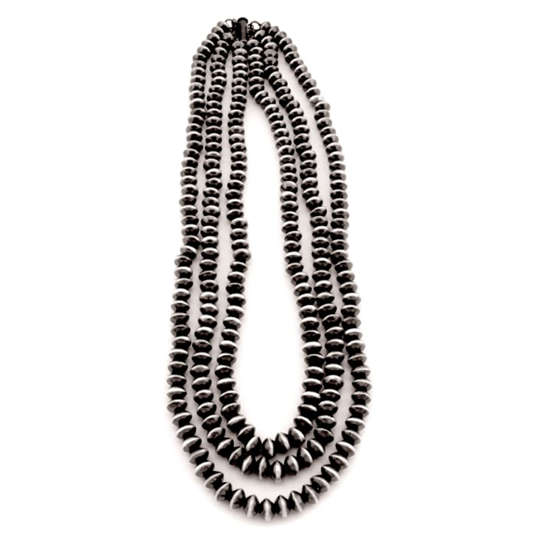 Navajo pearls three strand necklace featuring sterling silver 9mm saucer beads and elegant design.