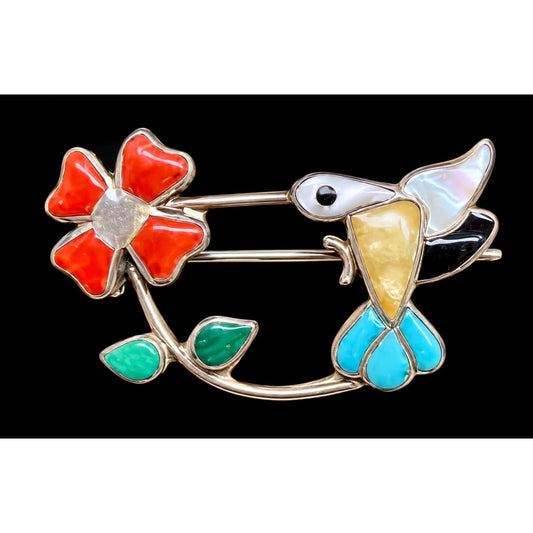 Old Pawn Zuni Inlay Hummingbird Flower Pin Brooch Sterling Silver