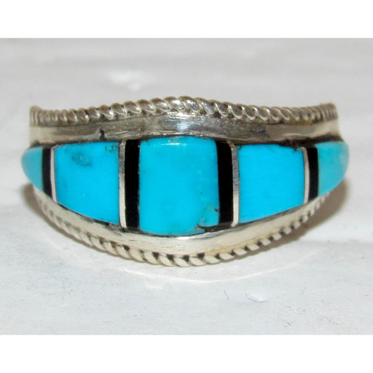 Zuni Turquoise Jet Inlay Ring Sz 8.5 Sterling Silver D. Panteah