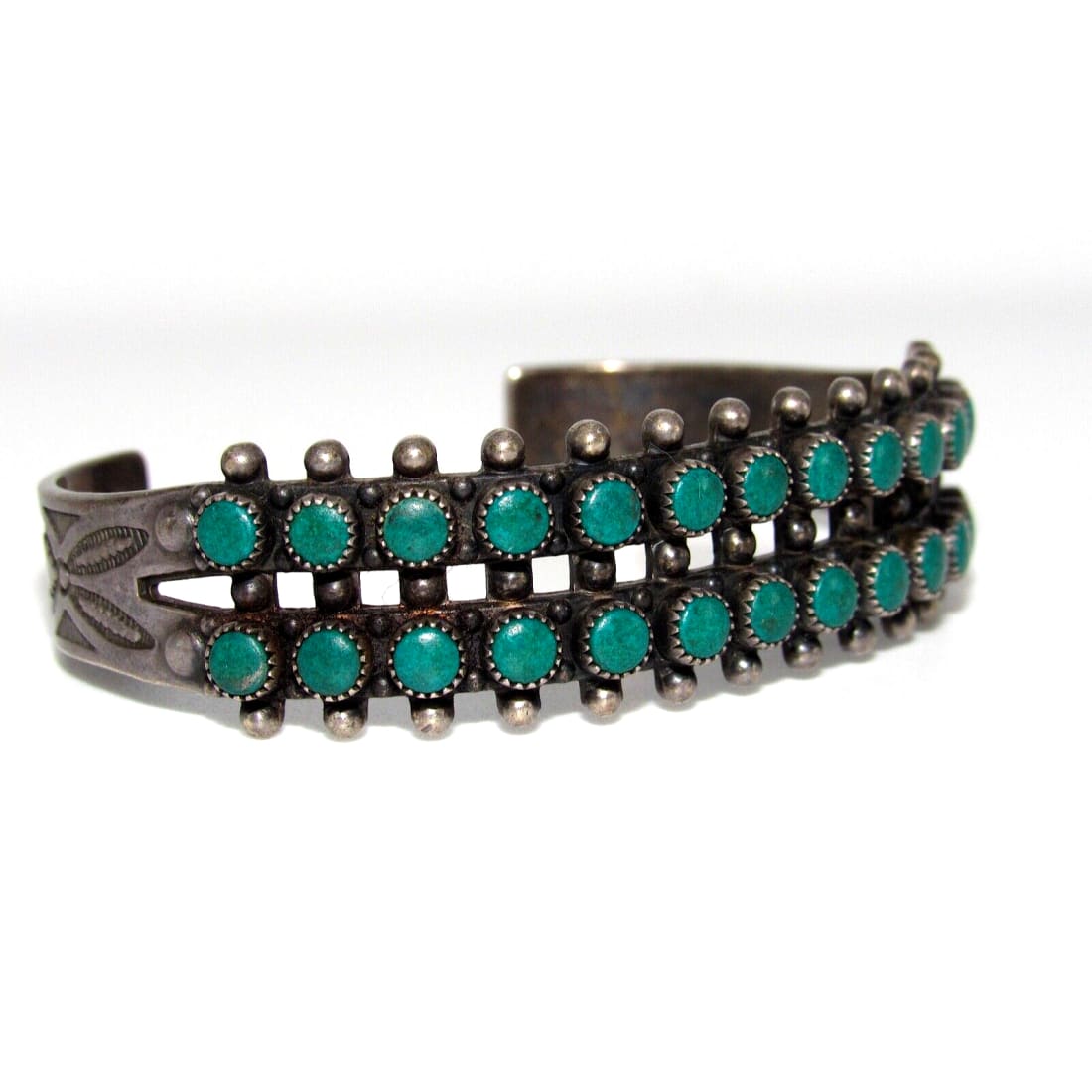Old Pawn Zuni Snake Eye Turquoise Double Row Cuff Bracelet Sterling Silver