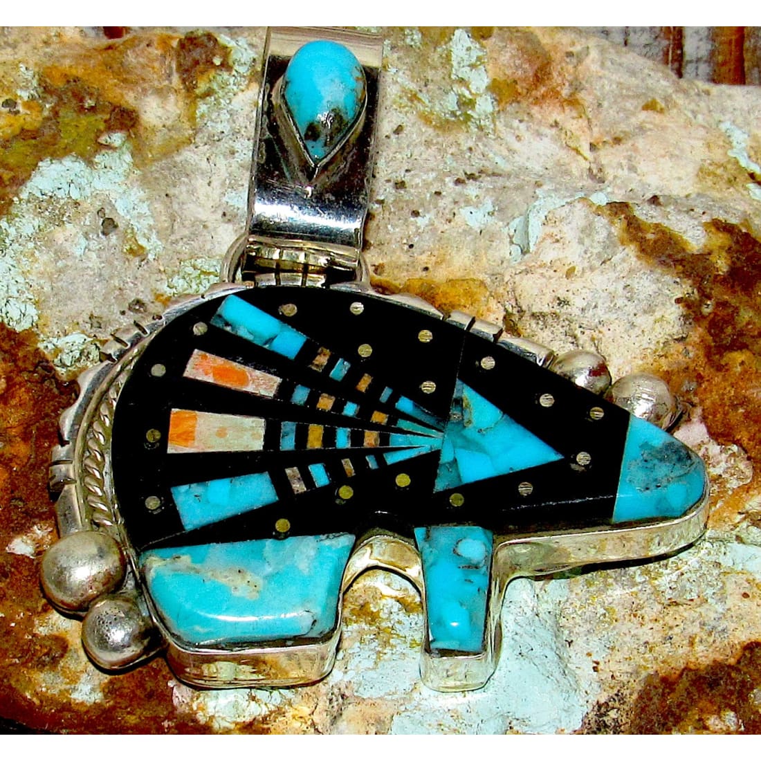 Navajo Ray Jack Bear Pendant Turquoise Spiny Jet Inlay Native American Signed